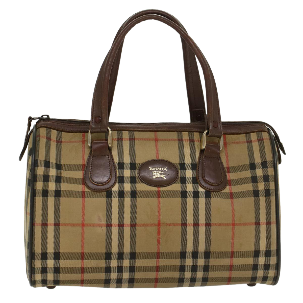 Burberryss Nova Check Boston Bag Nylon Leather Beige Auth 45826